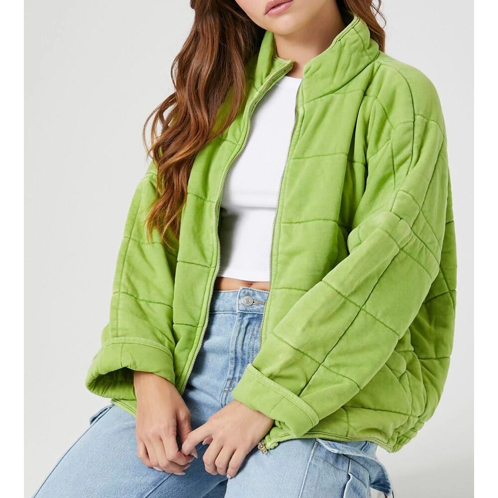Forever 21 Chartreuse Lime Avocado Green Quilted Jacket M Medium Oversized